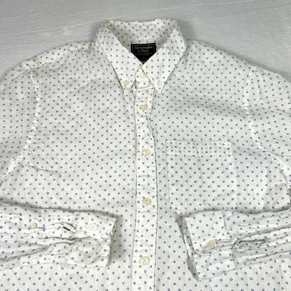 Abercrombie &‎ Fitch Shirt Mens Large White 100% Linen Geometric Long Sleeve